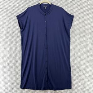 Eileen Fisher Dress Womens M Blue Jersey Stretch Midi Shirt Button Up Cap Sleeve